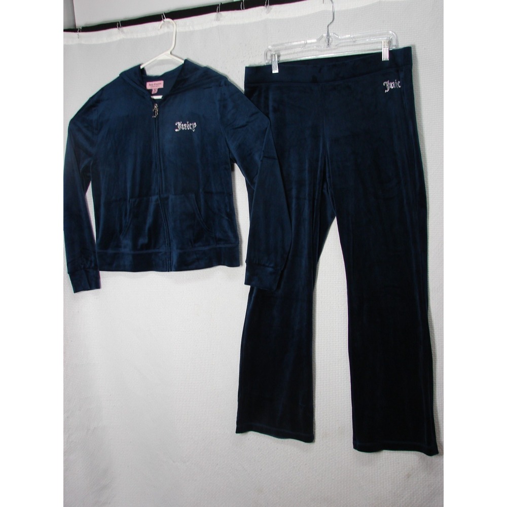 Juicy Couture Size L Blue Velour Bling Tracksuit Full Zip Hoodie & Flare Pants